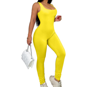 Mono ajustado acanalado sin mangas para mujer, mono elástico de una pieza de poliéster Spandex, ajustado, sólido, informal - Product Image 5