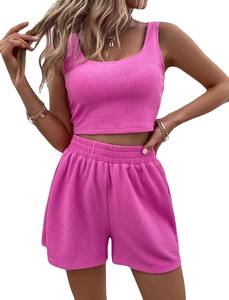 Nouveau été tricoté sans manches ensemble femmes jeunesse mignon couleur unie décontracté Shorts mode deux pièces tenue - Product Image 4