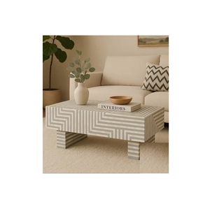 Table basse en os incrusté, finition antique avec tiroir de rangement, artisanat traditionnel, meuble de salon - Product Image 1