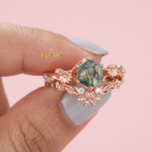 Anillo de compromiso floral de ágata musgosa de oro de 10K, conjunto de anillos nupciales hexagonales de ágata musgosa con diseño de hoja y enredadera - Product Image 1
