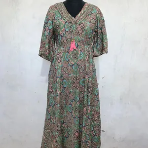 Viejo Sari bordado a mano Vestido Mujer estilo étnico ropa manga larga cuello en V bohemio largo Maxi vestido para mujer