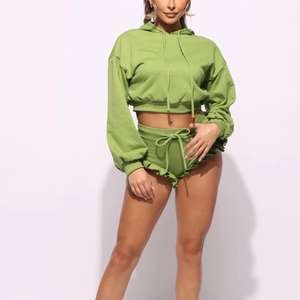 Women Lounge Golden Yellow Cropped Hoodie & Shorts 2piece Sports Set Female Clothes Cotton Terry Jogger XL Tracksuit Short Sets - Product Image 1