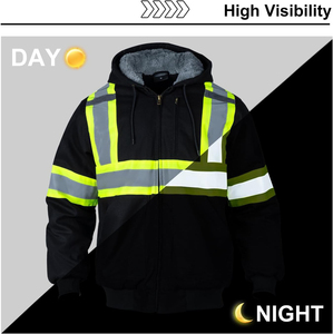 High Visibility Safety <b>Jacket</b> Hooded Winter Workwear Reflective Striped <b>Zip</b> <b>Up</b> <b>Jacket</b> Custom Logo Industrial Use - Product Image 3