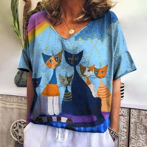 Cartoon <b>Cat</b> <b>T</b> Shirt For Women Summer V-neck Short Sleeve Tee Fashion Female Clothing Street wear Women's <b>T</b>-shirt - Product Image 5
