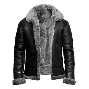 Blouson aviateur en cuir et coton pour hommes, col à revers, manteau de moto classique et chaud de style aviateur, doublé polaire, hiver, toile formelle - Product Image 3