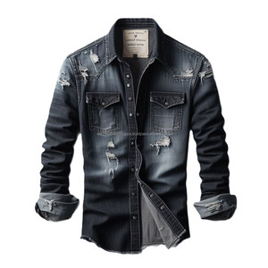 เสื้อยีนส์แขนยาวแบบลำลองสำหรับผู้ชาย, เสื้อยีนส์คอตตอนมีกระเป๋าหน้าอกแบบเปิดลงปกเสื้อมีลายขาดเป็นฝอย - Product Image 4