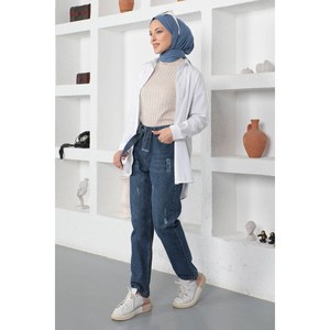 Jeans Casuales Estilo Boyfriend con Cinturón, Cómodos, de Spandex/Poliéster, Corte Midi - Product Image 1