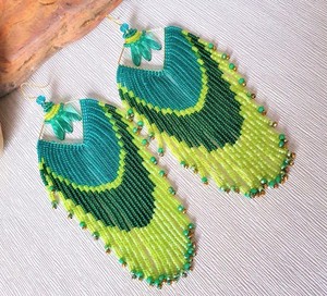 Green Seed Bead Long Fringe Earrings, Boho Statement Earrings Quality <b>Emerald</b> Green Beaded Tassel Earrings - Product Image 1