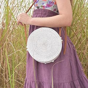 Bolso Bandolera Redondo de Ratán Hecho a Mano con Correa de Cuero, Bolso de Mano de Mimbre Ecológico para Mujer - Product Image 5