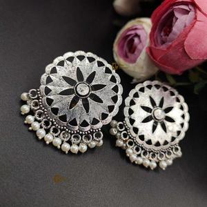 Light Weight Oxidized <b>Silver</b> Plated <b>Stud</b> Earrings With Pearl Work Gift for Casual Party Wear Handmade Bulk Product - Product Image 1