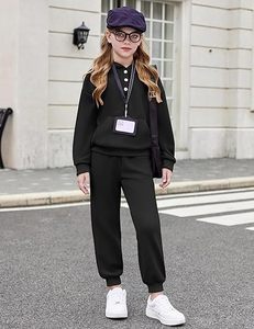 Ensemble de survêtement pour filles, pantalon de jogging assorti, taille élastique confortable, tissu respirant de haute qualité, manches longues, uni, à capuche - Product Image 5