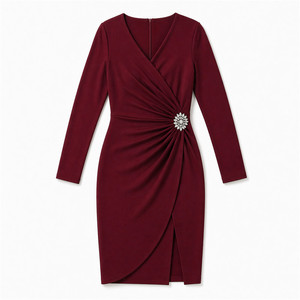 Womens Elegant Bodycon Wrap <strong>Dress</strong> Long Sleeve V Neck Ruched Church <strong>Dress</strong> Burgundy Cocktail Party Formal <strong>Dress</strong> Manufacturer - Product Image 2