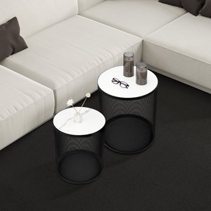 Marco de hierro negro de lujo con mesas laterales superiores blancas de madera, juego de mesa auxiliar decorativa moderna hecha a mano para sala de estar y dormitorio - Product Image 3
