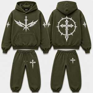 Ensemble de survêtement à capuche avec croix gothique et ailes d'ange, style streetwear, motif croix sacrée - Product Image 5