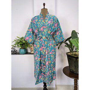 Kimono de Lujo Estilo Boho Indio, Vestido de Verano de Algodón Puro, Estampado a Mano con Diseño Floral Azul Agua, Azul Marino 1 - Product Image 3