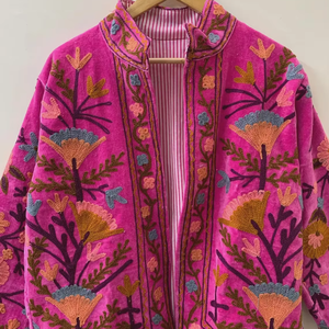Floral <b>Velvet</b> Suzani Embroidered Bomber Coat Winter Jacket with Cotton Filling Hand Collared Tailored Jacket - Product Image 1