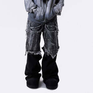 <b>Mens</b> Custom Stonewashed Hip-Hop Wide Leg Jeans ODM <b>Camo</b> Patchwork Distressed Denim with Rivet High-Quality Streetwear - Product Image 3