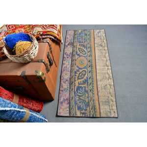 Vintage 1.9x4.2 ft Rug, Small Turkish Rug, Blue <b>Yellow</b> Plants & trees Rug - Product Image 1
