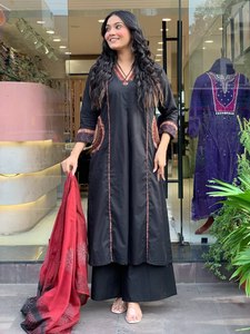 Indian Style Heavy Designer Collection Indian Style Banana Silk Fully Worked <b>Top</b> & Palazzo With Fancy Print & Work Dupatta Set - Product Image 4