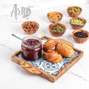 Plateau à café élégant en bois d'olivier ArtisRaw, carreaux de céramique peints à la main, plateau de service avec poignée, design D4, usage résidentiel (modèle Tp032) - Product Image 2