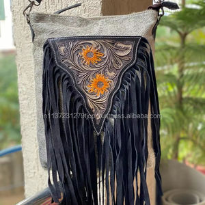 Nuevo superventas cuero mecanizado a mano mujeres occidentales bandolera monedero pelo en piel de vaca flecos ocultar llevar bolso Buck Stitch monedero - Product Image 2