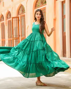 Nuevas características Vestido largo bohemio para mujer Tejido de algodón teñido liso de menta Maxi largo formal para mujer - Product Image 5