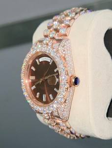 Reloj de Lujo con Esfera Marrón de Dos Tonos, Completamente Adornado con Moissanita, Acero Inoxidable, Estilo Vintage, Hip Hop Clásico, Movimiento Miyota, Pantalla Analógica - Product Image 2