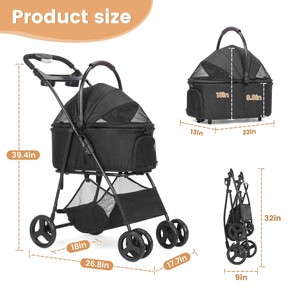 Poussette TH-PPS-403 Premium à quatre roues pour animaux de compagnie avec auvent imperméable coussin amovible et design spacieux - Product Image 4