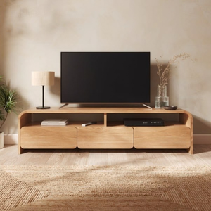 Contemporary Wooden TV <b>Media</b> Cabinet with Curved Edges Three Drawers Open Compartments <b>Storage</b> Console for Modern Living Room - Product Image 5