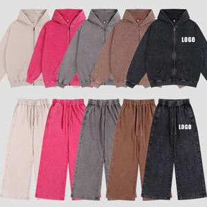 Ensemble de survêtement décontracté à coupe ample avec fermeture éclair et effet délavé, pantalon de jogging ample et évasé, sweat-shirt à capuche uni - Product Image 2