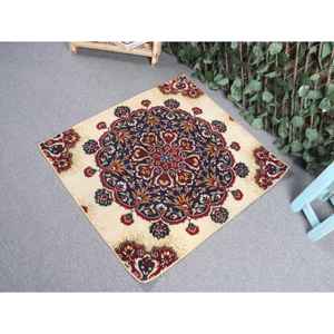 Alfombra Turca, Alfombra Vintage de 2.6x3 pies, Alfombra de Lana con Parches Rojos y Azules - Product Image 2