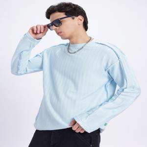 Street Texture Raw Edge T-shirt à épaules tombantes manches longues coupe décontractée vêtements pour hommes côtelés fabriqués en Inde - Product Image 1