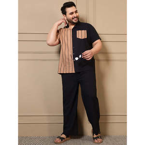 Ensemble coordonné en coton grande taille pour homme Amanush, chemise à col cranté à manches courtes avec pantalon, couleurs contrastées, tenue décontractée d'été - Product Image 1
