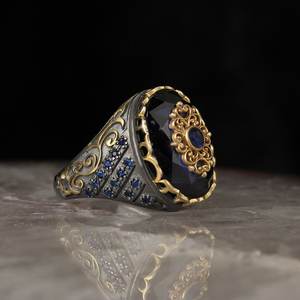 Turkish Style <b>Vintage</b> 925 Sterling Made Ottoman Style Men's <b>Ring</b>. Rhodium and <b>Gold</b>, Bi-color Plating - Product Image 1