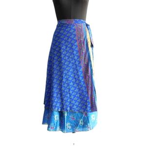 Jupe de Sari en soie bleue faite à la main Vintage 2 couches Magic Wrap réversible imprimé floral robe de danse du ventre ceinture Style décontracté naturel - Product Image 1