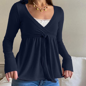 Camiseta de Punto Ligera de Manga Larga con Cuello en V y Estilo Vintage Francés Y2K, Color Azul Oscuro, con Lazada Delantera, Ajuste Regular, Informal - Product Image 3