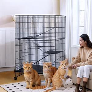 กรงแมวทำจากโลหะพับได้พร้อมล้อและประตูทางเข้า3ประตู - Product Image 1