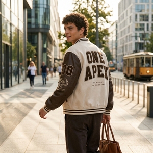 เสื้อแจ็คเก็ตเบสบอลแบบ Letterman สำหรับผู้ชาย สีเบจ-น้ำตาล ตัวเสื้อทำจากผ้าขนสัตว์ แขนเสื้อทำจากหนัง PU ปักลาย Chenille  แบบ OEM Varsity Jacket - Product Image 4