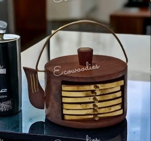 Handmade Wooden Tea <b>Coffee</b> Round Wooden Coaster Set of 6 With Kattle Shape Brass & Wood <b>Stand</b> Elegant Handicraft Dinnerware - Product Image 5