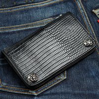 Dompet Kulit Motif Kadal Hitam Rantai Panjang Buatan Tangan Dompet Pengemudi Motor Pemasok OEM Dompet Kulit Rantai Panjang Tipis