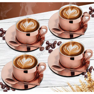 Premium Stainless Steel 4-piece <b>Cup</b> <b>and</b> <b>Saucer</b> with Rose Gold CLASSIC Design Double Wall <b>Tea</b> <b>Cup</b> <b>Set</b> with Handgrip Handle - Product Image 1