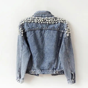 Casual lujo perla corta Denim Tops azul moda personalizada manga larga perla chaqueta Mujer talla grande Jean chaquetas servicio OEM - Product Image 2