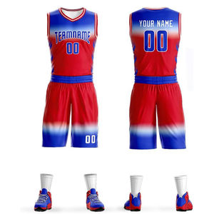 Conjunto de Uniforme de Baloncesto Sublimado Personalizado, Transpirable, Talla Grande, Rojo y Azul Degradado, Reversible, Jersey y Pantalones Cortos para Mujeres Adultas, Ropa de Equipo - Product Image 1