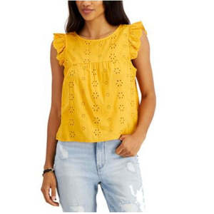 Top Corto Giallo da Donna Tommy Hilfiger con Scollo Rotondo, Traspirante, in Tessuto con Volant, Lavorazione a Occhiello e Laccio, Schiena con Apertura a Goccia, Senza Maniche, Taglia XL - Product Image 1