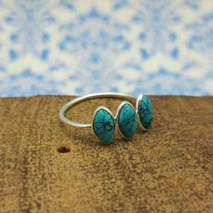 Bague fine en argent sterling 925 faite à la main pour mariages fêtes décontractées pierre précieuse turquoise Triple lunette forme marquise pour - Product Image 3