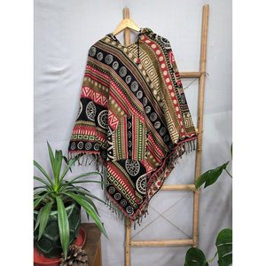 Geometric Urban Warm Hygge <b>Poncho</b> for Men and Women Yak <b>Wool</b> Blend with Hood and Pockets Handwoven and Decorated with Tassels - Product Image 4