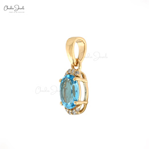 Topaze bleue suisse de haute qualité et véritable diamant blanc demi Halo pendentif collier mariage 14k véritable or jaune fournisseur de bijoux - Product Image 3