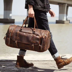 Genuine Leather Foldable Portable Weekender <b>Duffel</b> <b>Bag</b> with Zipper Closure Large Capacity Waterproof Detachable Strap for Travel - Product Image 5