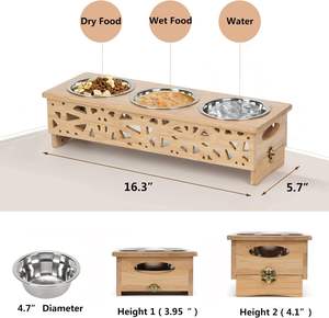 Bol de nourriture pour chat surélevé et eau bol d'alimentation pour chat en bambou support de nourriture pour animaux de compagnie 3 acier inoxydable - Product Image 5