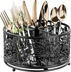 Floral Design Black Metal Utensil Caddy High Quality Flatware Organizer Kitchen Countertop - Product Image 6